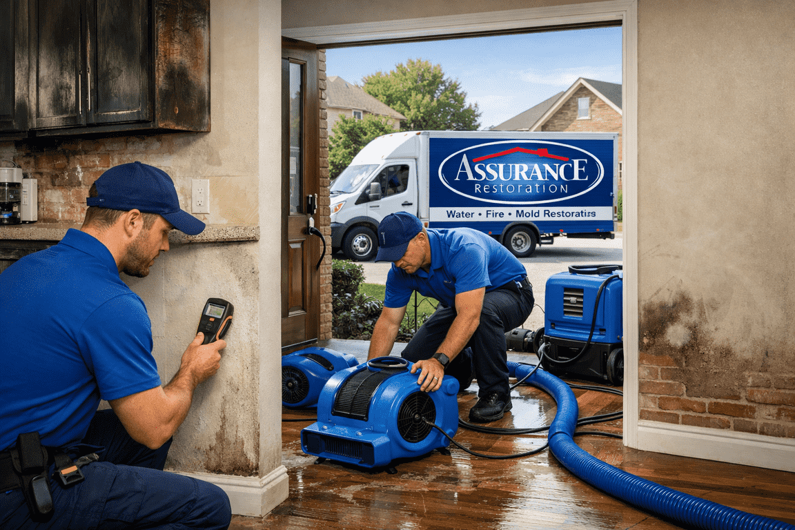 Water, fire, and storm damage restoration scene in Sapulpa home with flooded floor, roof damage, and technicians at work